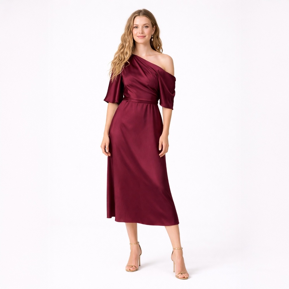 Wear Your Love Burgundy Satin Style Asymmetrical Sleeve Midi Dress Formal